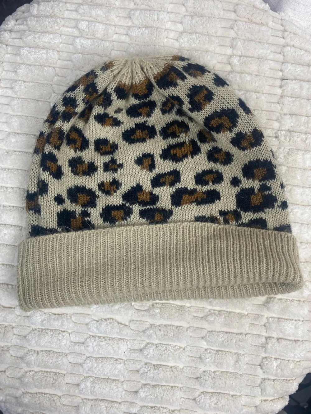 Apt 9 Leopard Print Knit Beanie Hat Tan Brown Cheetah Cuffed Winter Cap OSFM